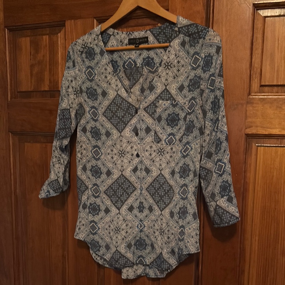 Fred David Blue and White Wrap Blouse